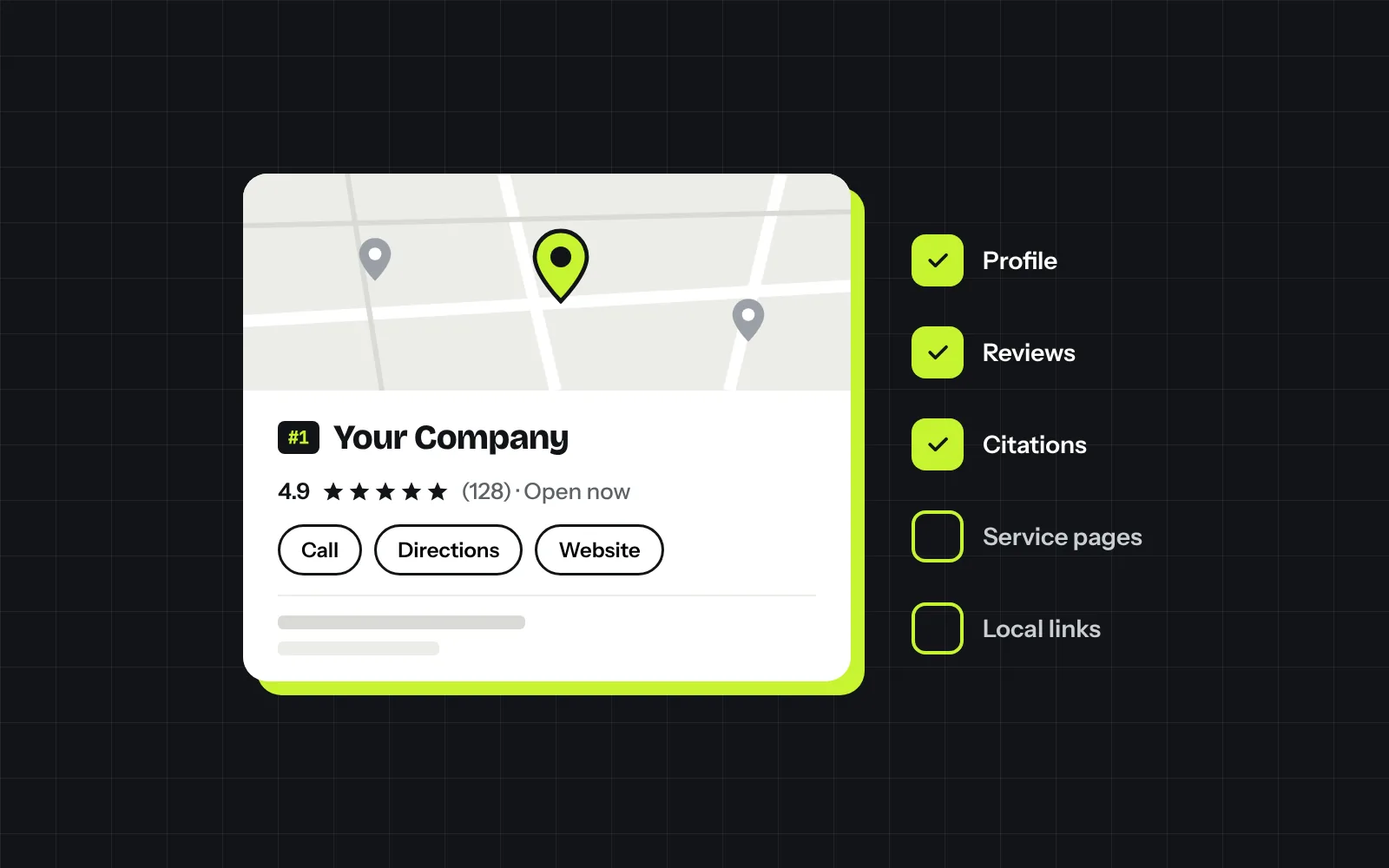 Illustration of a Google Maps local results card with a top rated business and a local SEO checklist